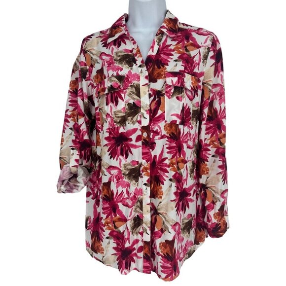 Chico's Womens Pink Floral Collared Button Up Roll Tab Sleeve Size 1 US M - Picture 7 of 13